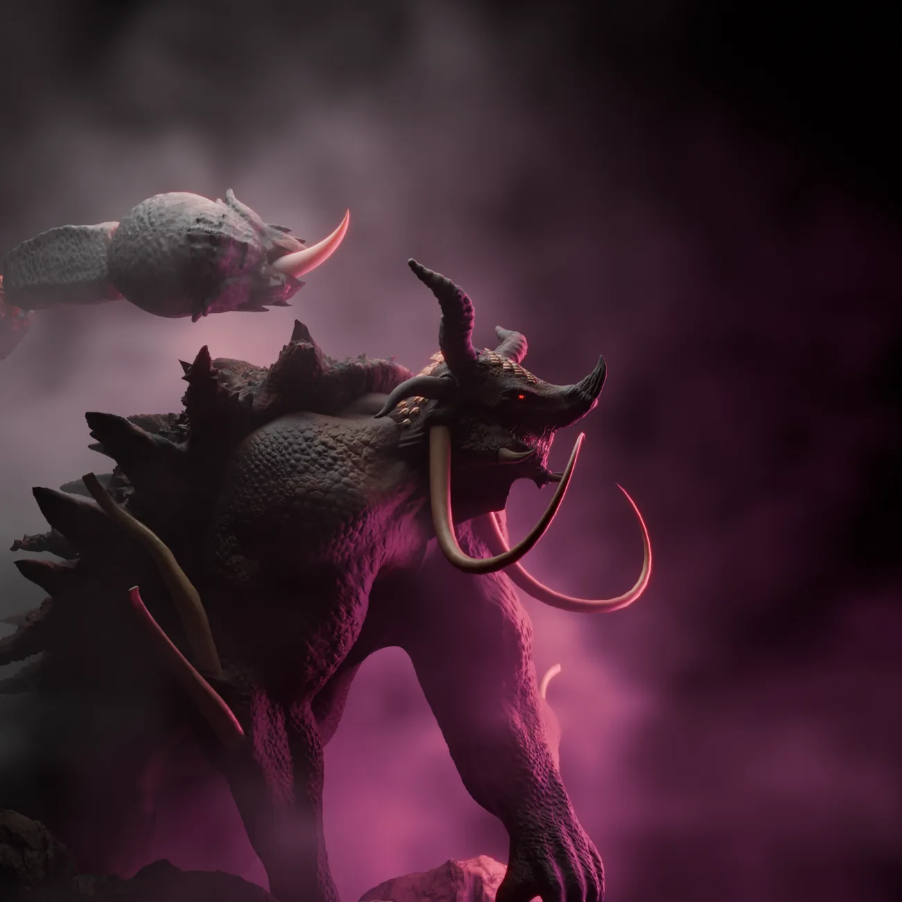 Horned scorpion-tailed creature sculpt glowing in pink fog