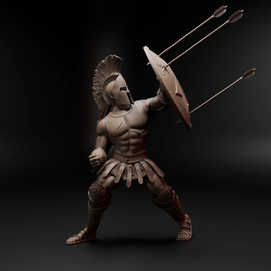 Spartan warrior sculpt blocking arrows with his shield
